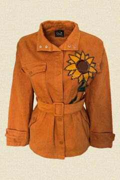 Leather Bead Embroidered Sunflower Figured Black Tile Jean Jacket