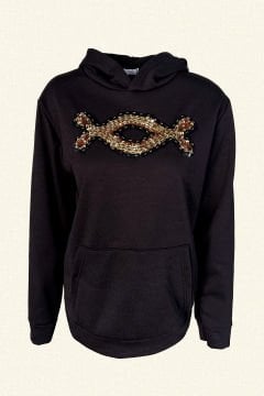 Gold İşlemeli Siyah Renk Kapişonlu Sweatshirt