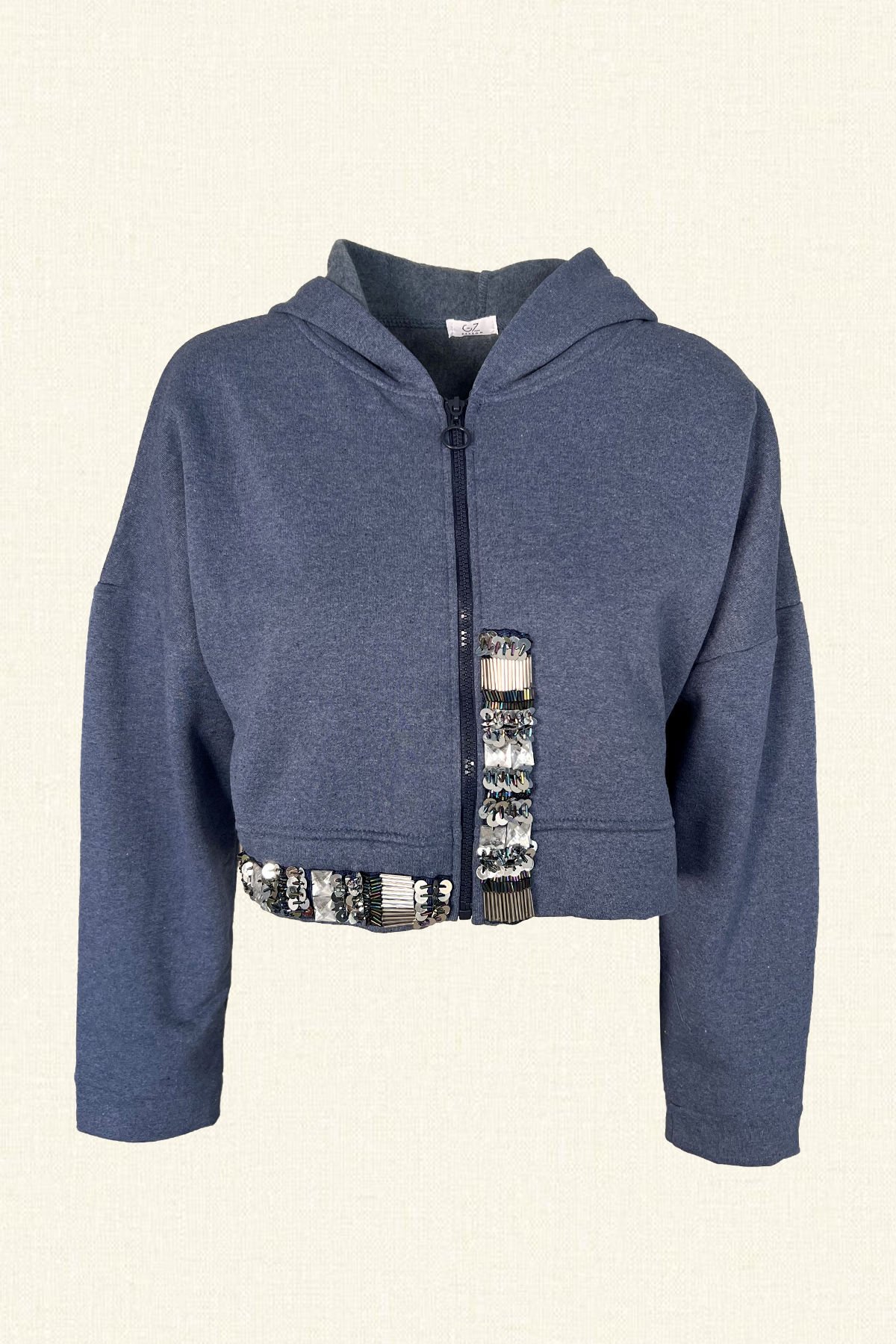 Gümüş İşlemeli Mavi Kapüşonlu Oversize Sweatshirt