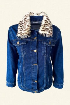Yakası Kürk Ve Boncuk Detaylı Koyu Renk Jean Ceket