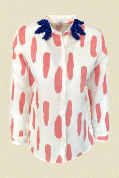 Navy Blue Embroidered Pink Patterned White Shirt