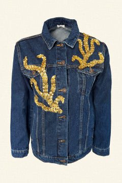 Gold Dal İşlemeli Koyu Renk Jean Ceket