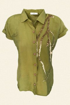 Gold Dal İşlemeli Kısa Kollu Asker Yeşili Gömlek