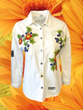 Renkli Çiçek İşlemeli Beyaz Gömlek Ceket