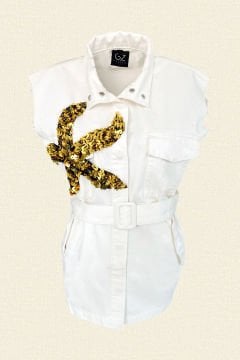 Gold Denizyıldızı İşlemeli Oversize Beyaz Jean Yelek