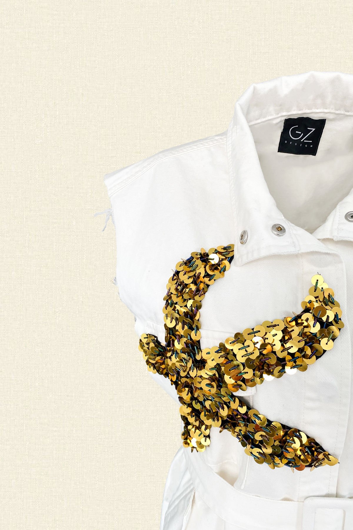 Gold Denizyıldızı İşlemeli Oversize Beyaz Jean Yelek