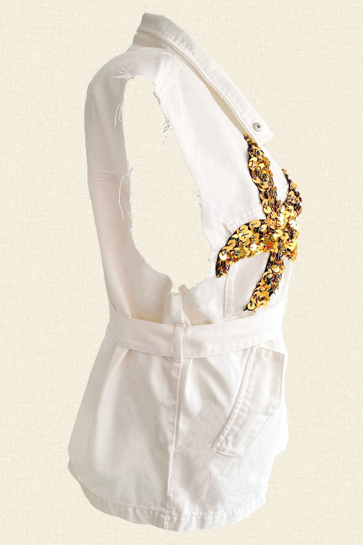 Gold Denizyıldızı İşlemeli Oversize Beyaz Jean Yelek