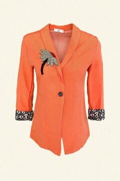 Gümüş Çiçek İşlemeli Turuncu Keten Blazer Ceket