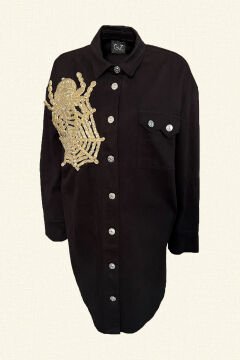 Spider Embroidered Long Black Color Jean Jacket