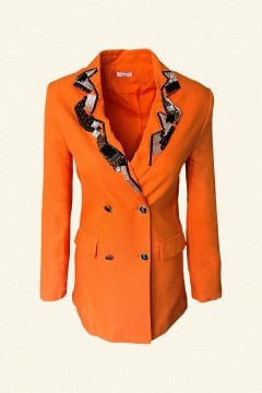 Yakası Kristal Taş Işlemeli Turuncu Blazer Ceket