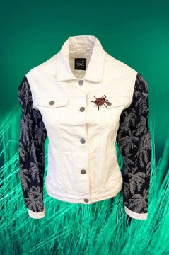 Navy Blue Palm Patterned White Color Jean Jacket with Sleeves