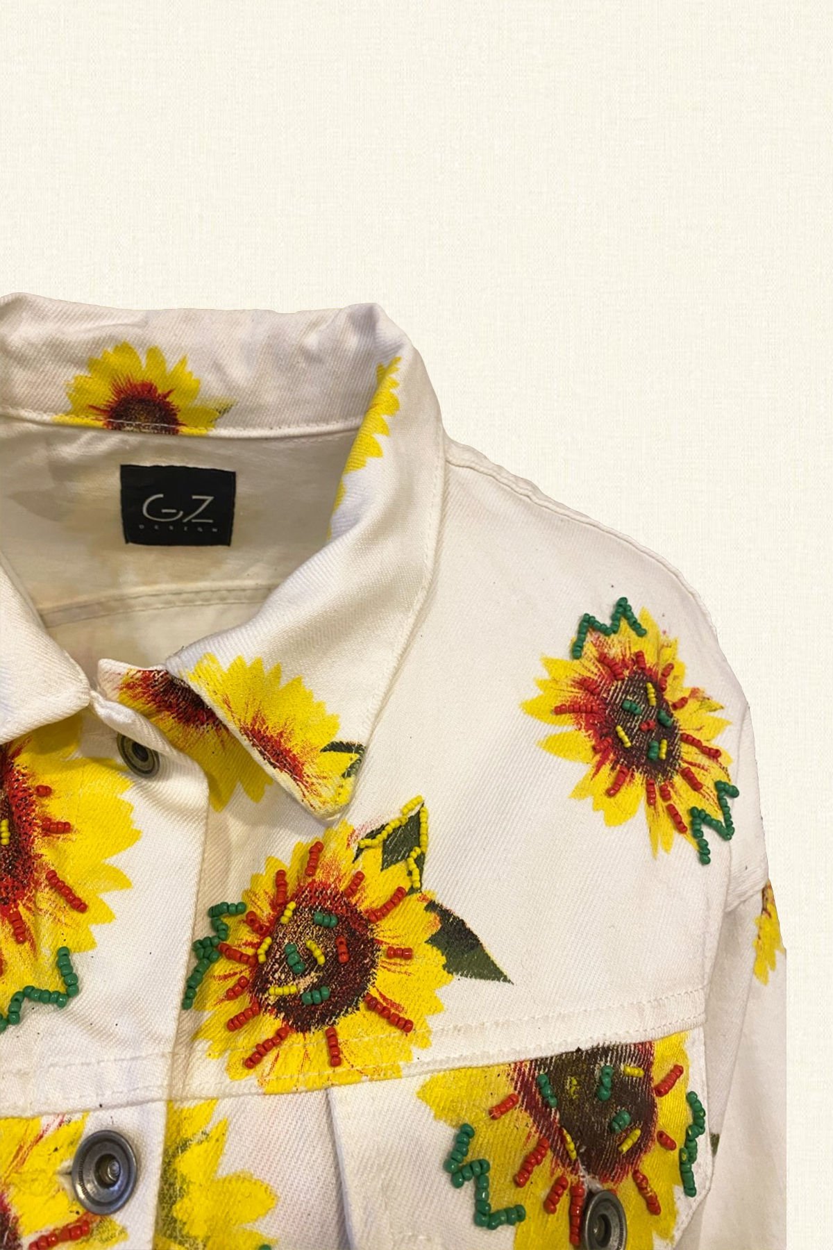 Sunflower Patterned Bead Embroidered White Color Oversize Denim Jacket