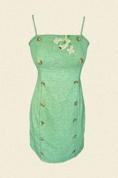 Gümüş Kertenkele İşlemeli Düğme Detaylı Askılı Slim Fit Yeşil Elbise