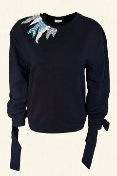 White Collar Embroidered Sleeves Poplin Detail Navy Sweatshirt