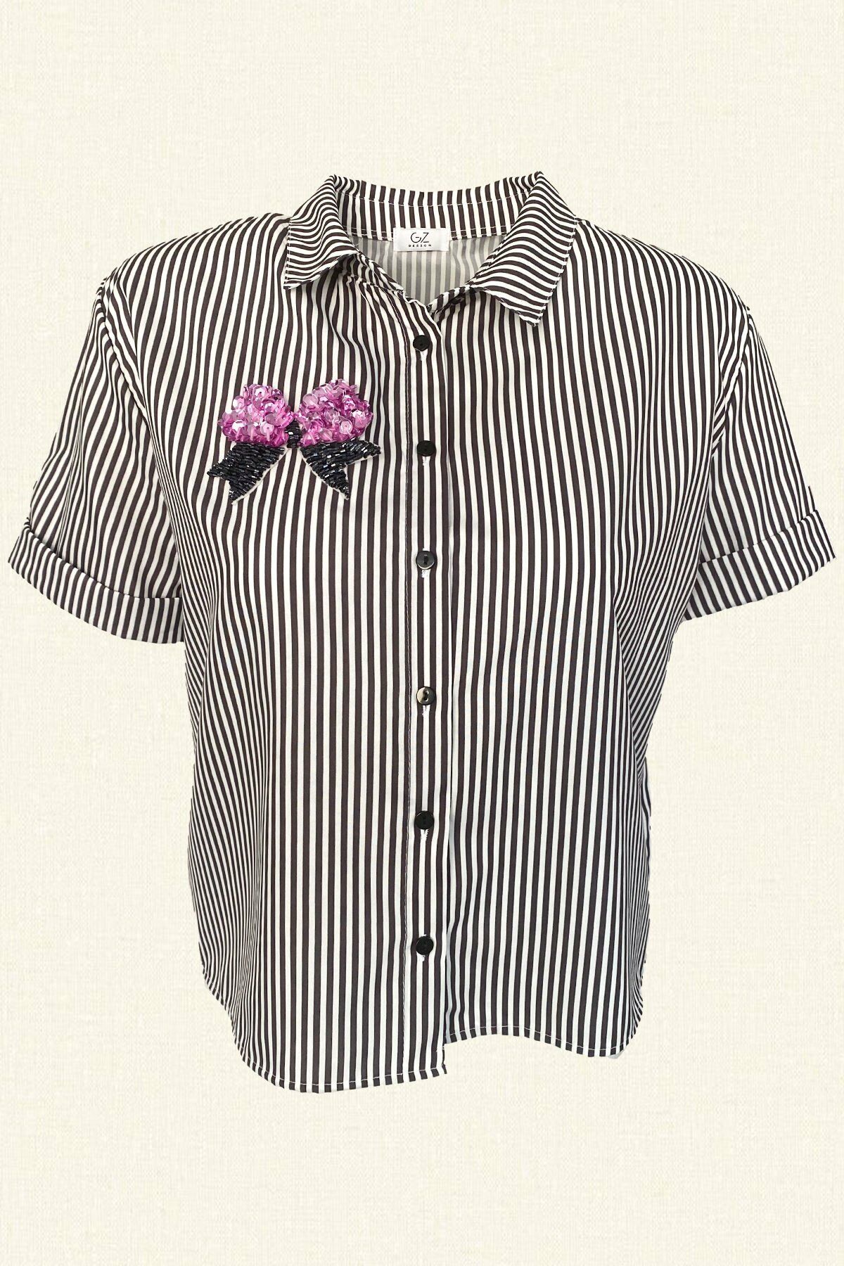 Pink Bow Embroidered Black and White Striped Short Sleeve Oversize Shirt