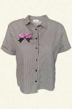 Pink Bow Embroidered Black and White Striped Short Sleeve Oversize Shirt