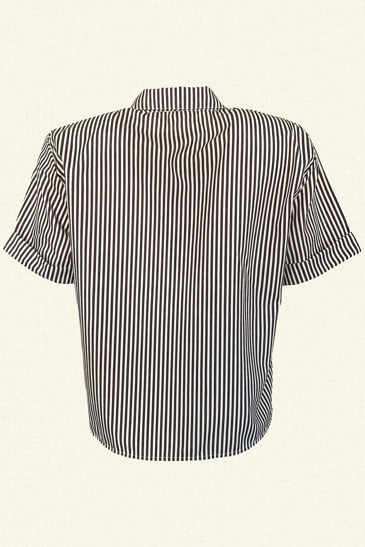 Pink Bow Embroidered Black and White Striped Short Sleeve Oversize Shirt