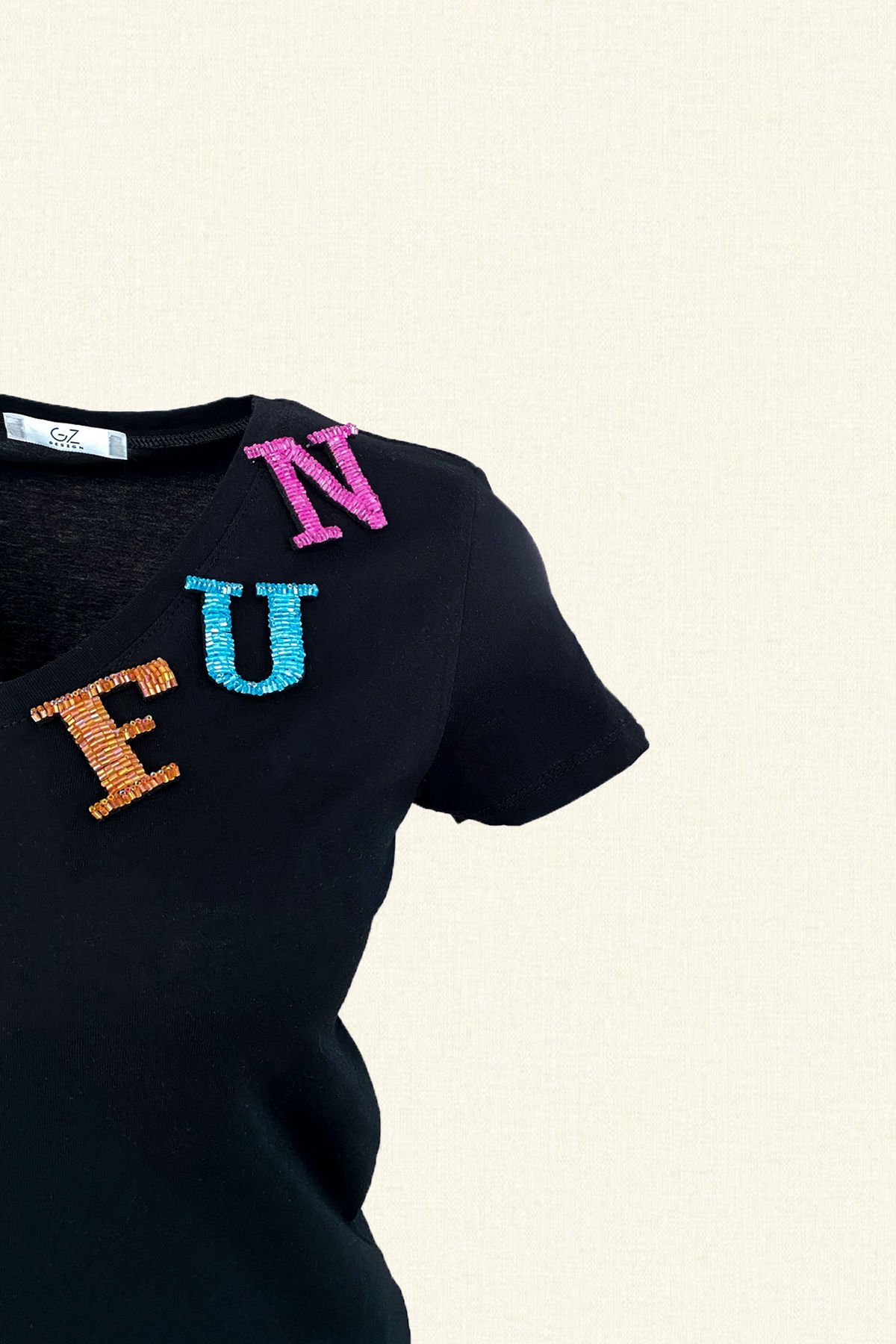 Colorful FUN Embroidered Black T-Shirt