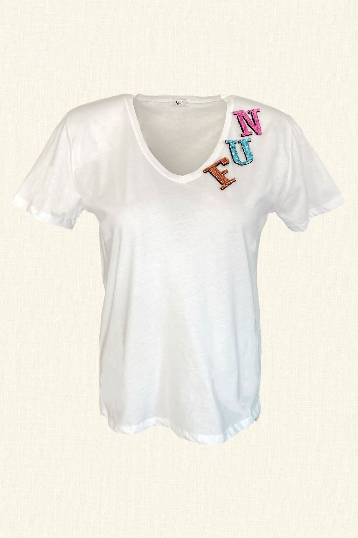 Colorful FUN Embroidered White T-Shirt