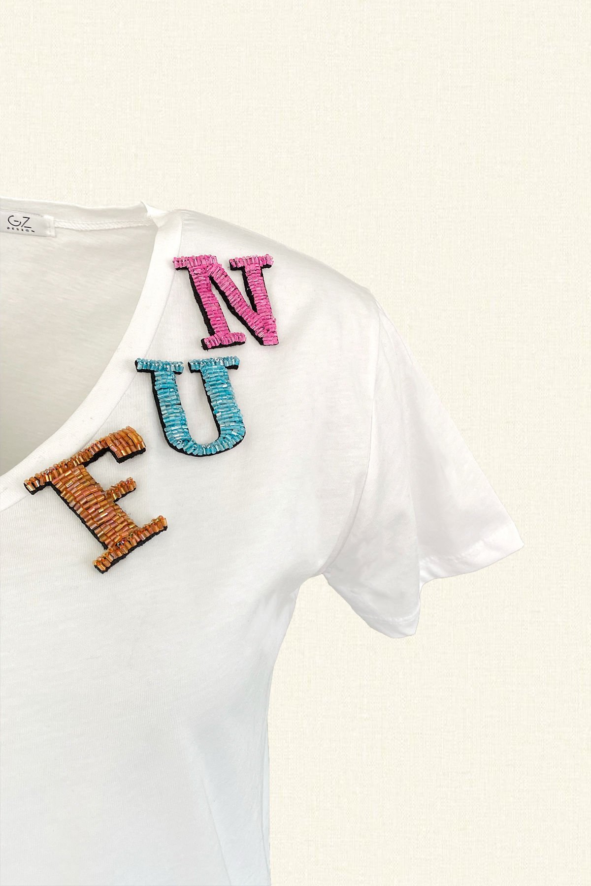 Colorful FUN Embroidered White T-Shirt