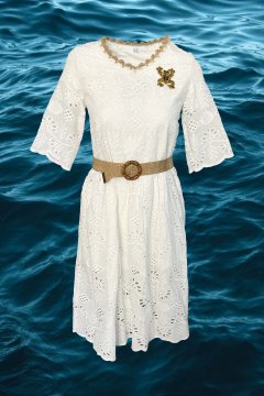 Gold Frog Embroidered White Scalloped Dress
