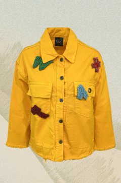 Boncuk Harfli Sarı Oversize Jean Ceket