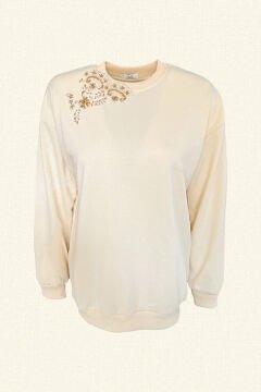 Gold Çiçek İşlemeli Krem Renk Sweatshirt