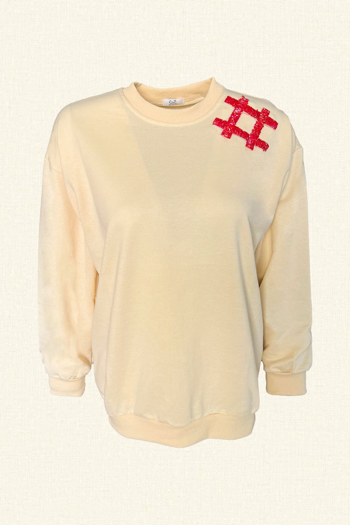 Red Square Embroidered Cream Color Oversize Sweatshirt