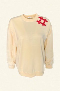 Red Square Embroidered Cream Color Oversize Sweatshirt
