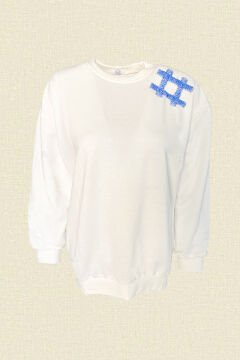 Lila Kare İşlemeli Beyaz Renk Oversize Sweatshirt