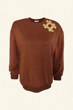 Gold Kare İşlemeli Kahverengi Renk Oversize Sweatshirt