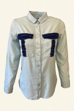 Blue Shirt With Pockets Crystal Beads Embroidered