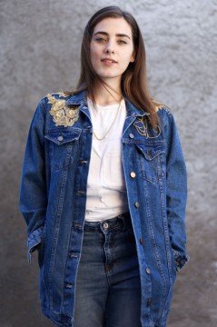 Sarı Sırma Çiçek İşlemeli Uzun Jean Ceket