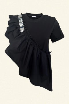 Silver Embroidered Ruffle Detailed Black Oversize T-Shirt