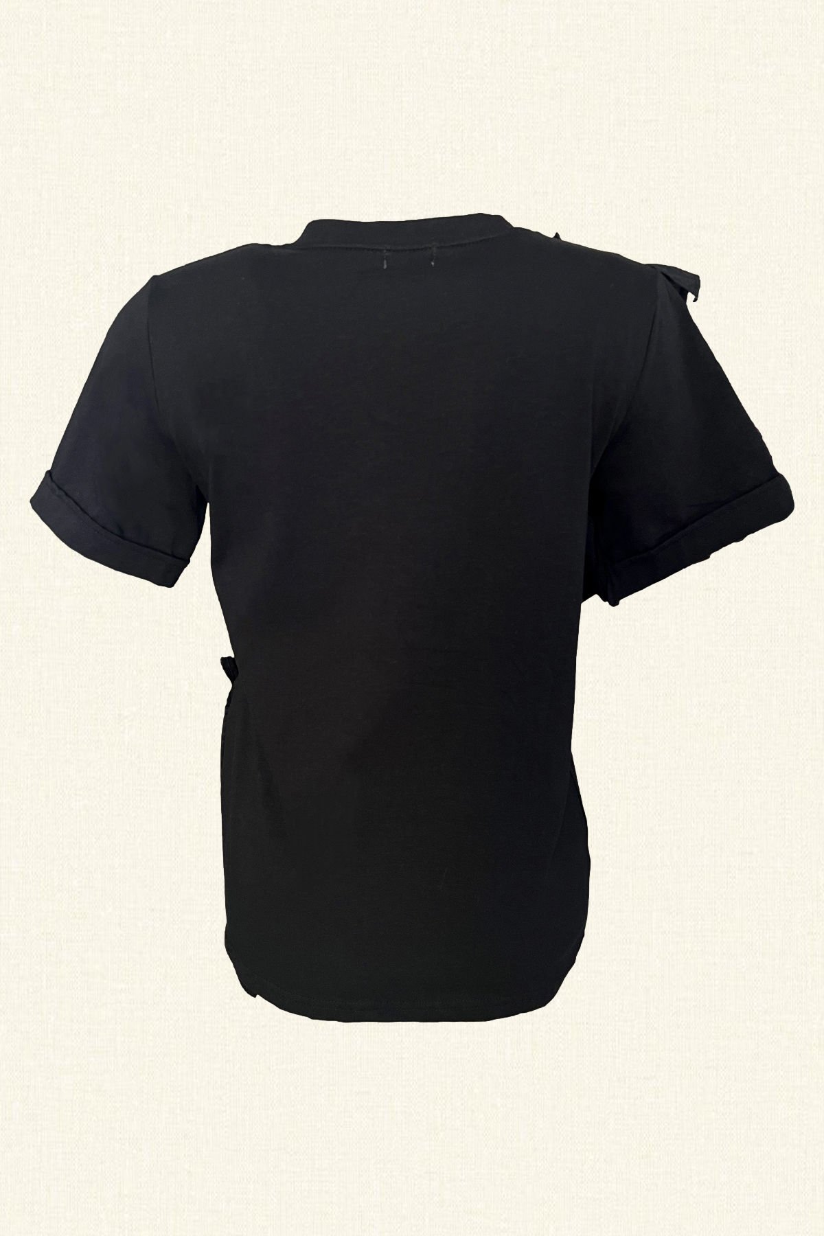 Silver Embroidered Ruffle Detailed Black Oversize T-Shirt