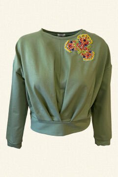 Renkli İşlemeli Mint Yeşili Sweatshirt