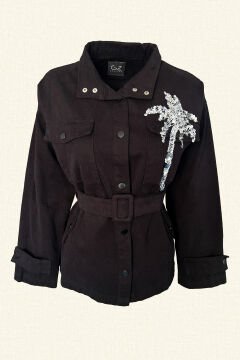 Silver Palm Embroidered Black Jean Jacket