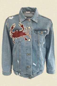 Bead Embroidered Crab Figured Jean Jacket on Claret Red Leather
