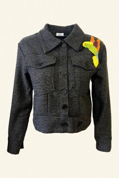 Colorful Bird Embroidered Anthracite Biker Jacket
