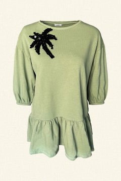 Siyah Palmiye İşlemeli Yeşil Tunik Sweatshirt