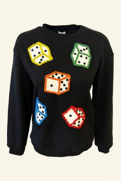 Colorful Embroidered Dice Detail Black Sweatshirt
