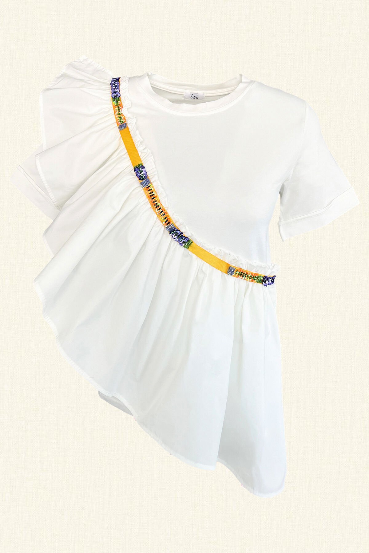 Colorful Embroidered Ruffle Detailed White Oversize T-Shirt