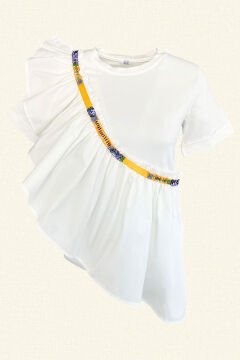 Colorful Embroidered Ruffle Detailed White Oversize T-Shirt