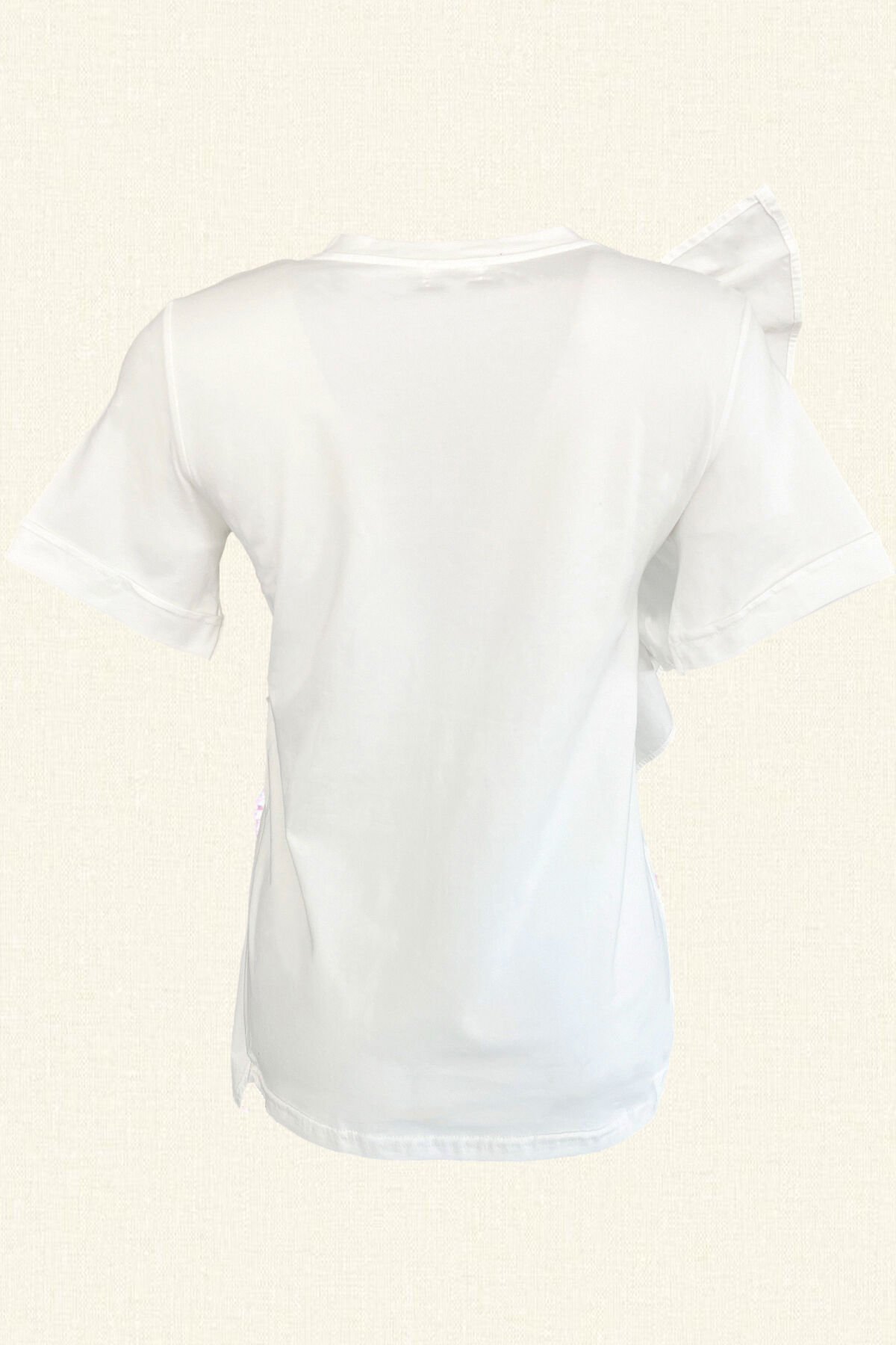 Colorful Embroidered Ruffle Detailed White Oversize T-Shirt