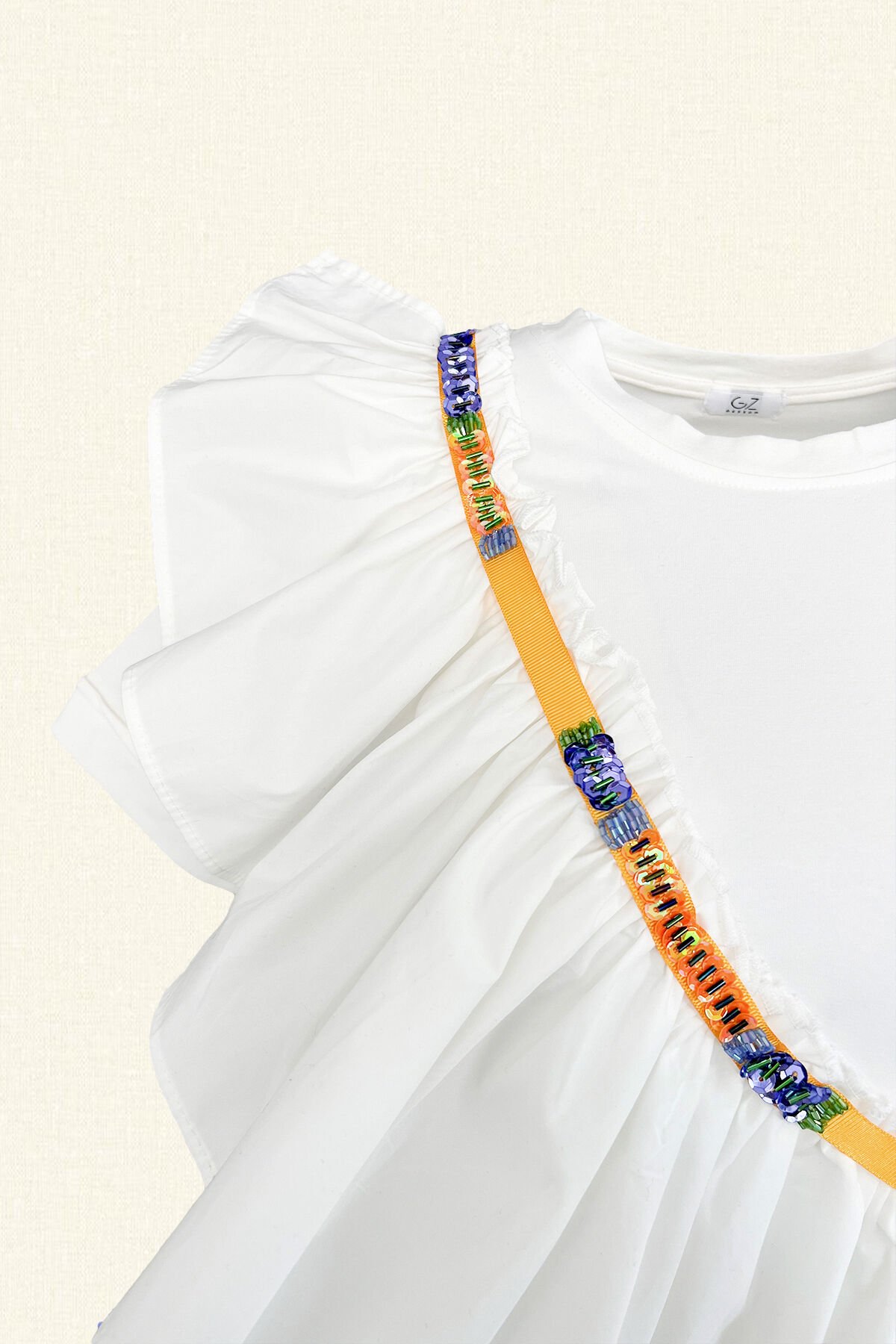 Colorful Embroidered Ruffle Detailed White Oversize T-Shirt