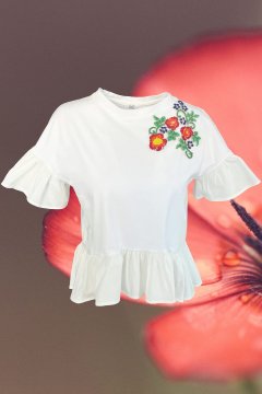 Colorful Floral Embroidered Ruffle Detailed White Oversize T-Shirt