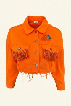 Оранжевая короткая джинсовая куртка свободного кроя с кисточками и вышивкой бисером в виде рыбок