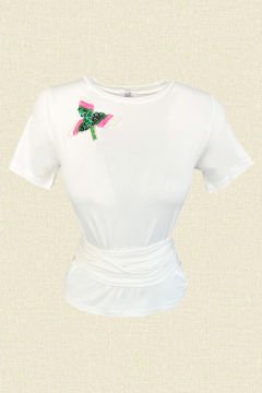 Pembe Çiçek İşlemeli Bağlama Detaylı Beyaz Bluz