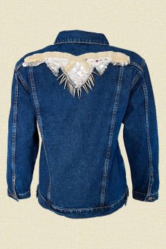 Gümüş Kanat İşlemeli Koyu Renk Jean Ceket