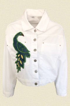Yeşil Deri Üzeri Boncuk İşlemeli Tavus Kuşu Figürlü Beyaz Renk Jean Ceket